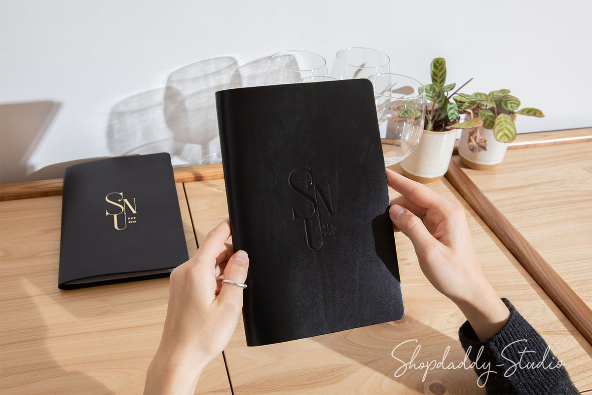 Stylish Black Leather Restaurant Menu Cover Book Minimalist