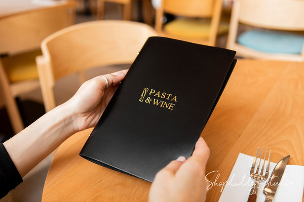Stylish Black Thick Leather Menu Cover With Logo