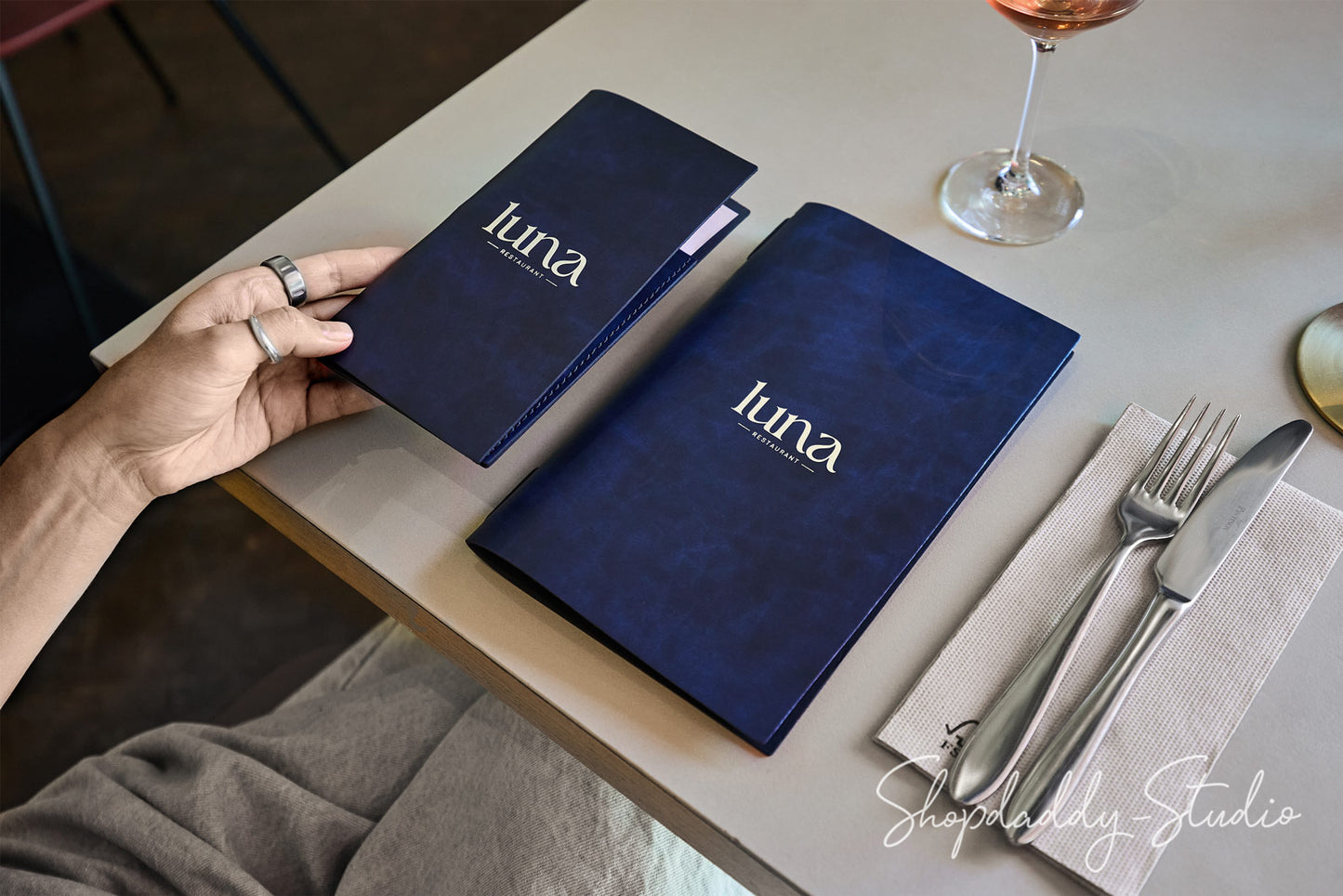 Stylish Blue Recycled Leather Menu Cover with Elastic Band