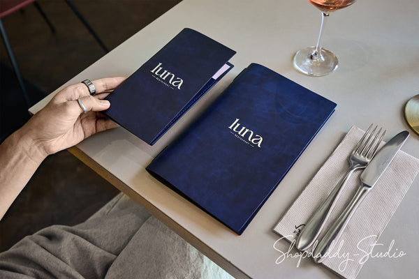 Stylish Blue Recycled Leather Menu Cover with Elastic Band