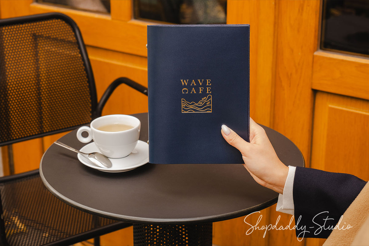 Stylish Dark Blue Leather Menu Folder With Plastic Sleeves For restaurant