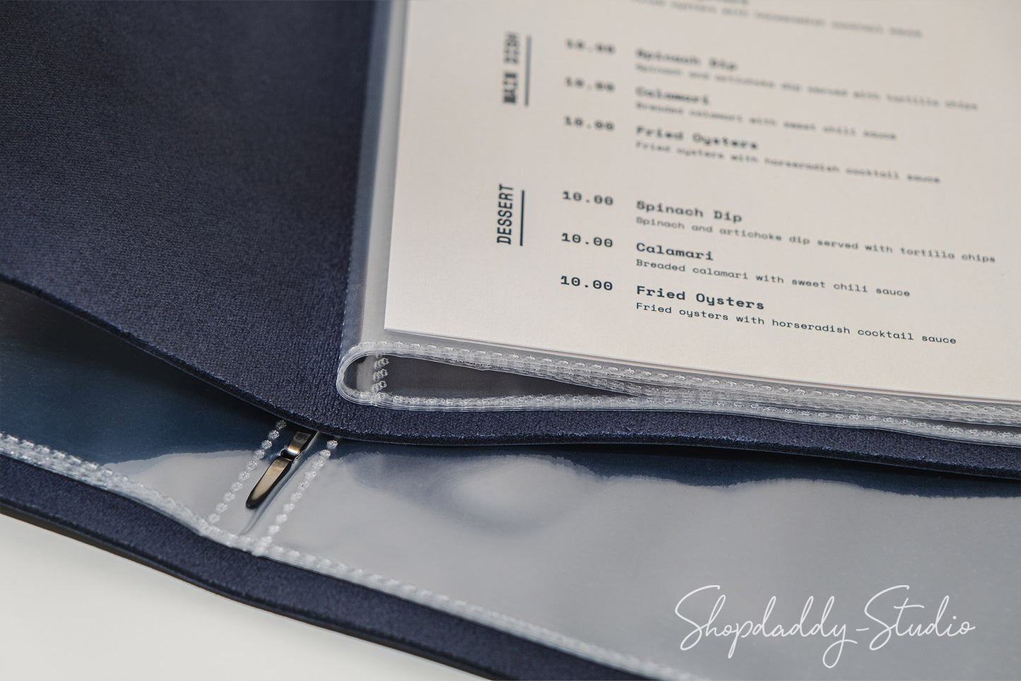 Stylish Dark Blue Leather Menu Folio With Plastic Sleeves For restaurant