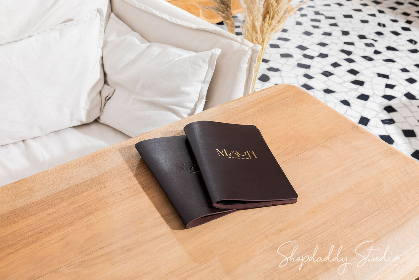 Dark Brown Thick Leather Menu Cover with Brass Plank