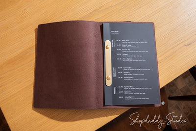 Dark Brown Thick Leather Menu Cover with Brass Plank