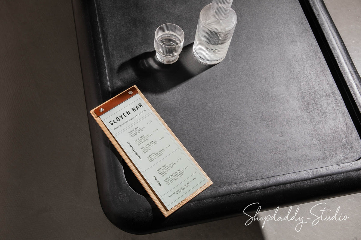 Stylish Lacquer Menu Holder With Leather Plank