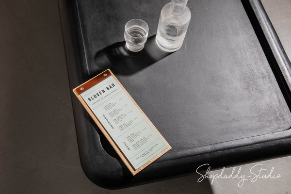 Stylish Lacquer Menu Holder With Leather Plank