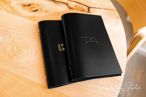Stylish Leather Menu Cover With Plastic Sleeves and logo