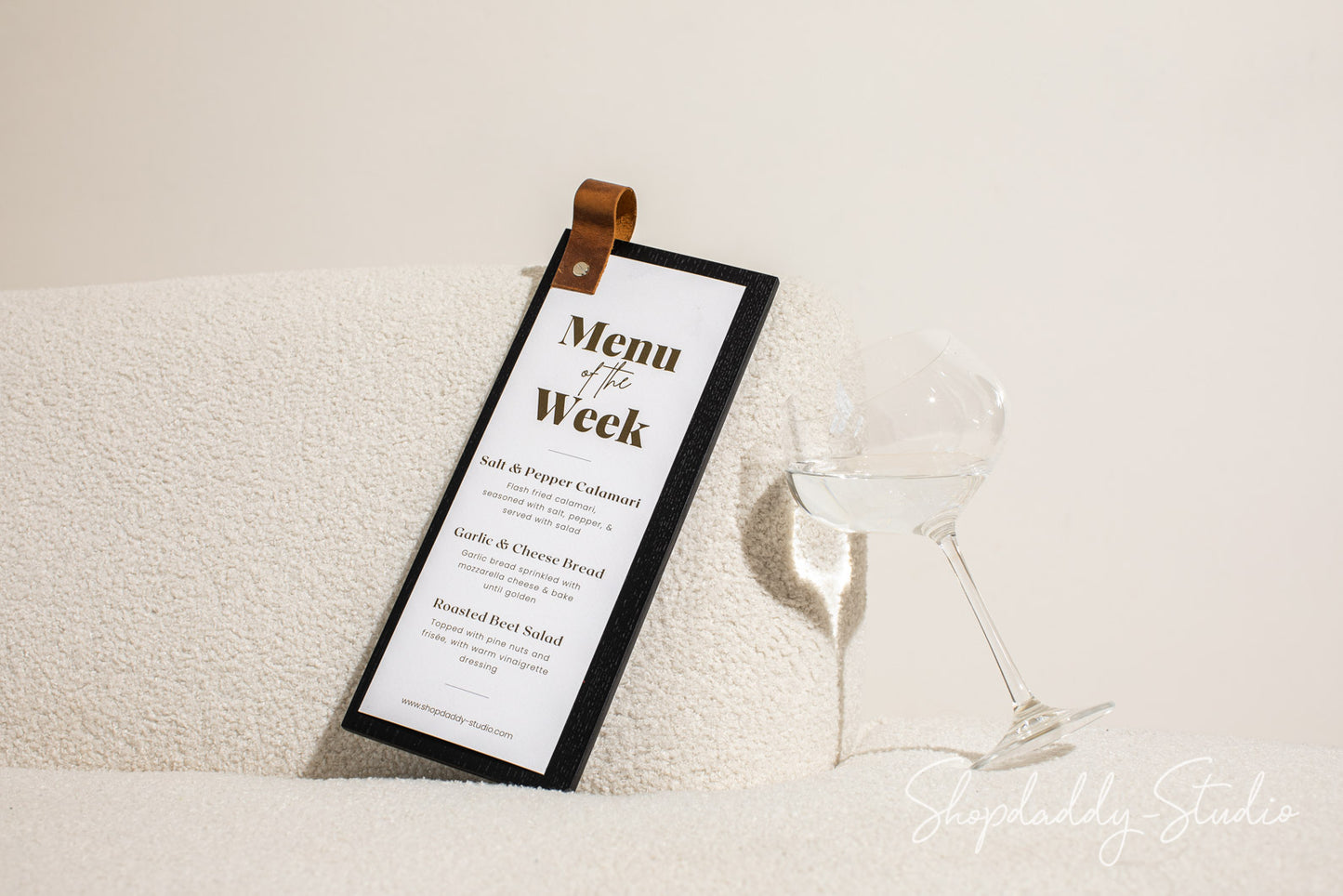 Stylish Menu Board with Leather Loop and logo