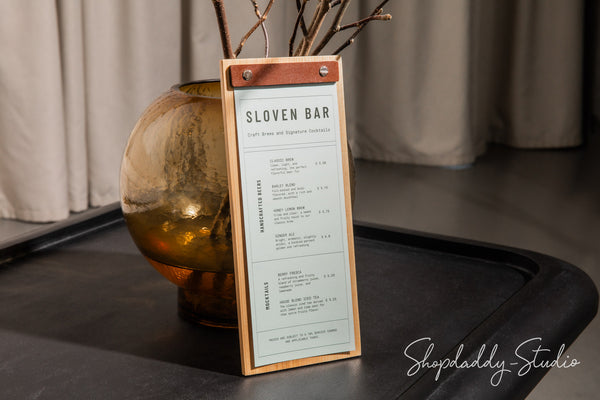 Stylish Wood Menu Holder With Leather Plank
