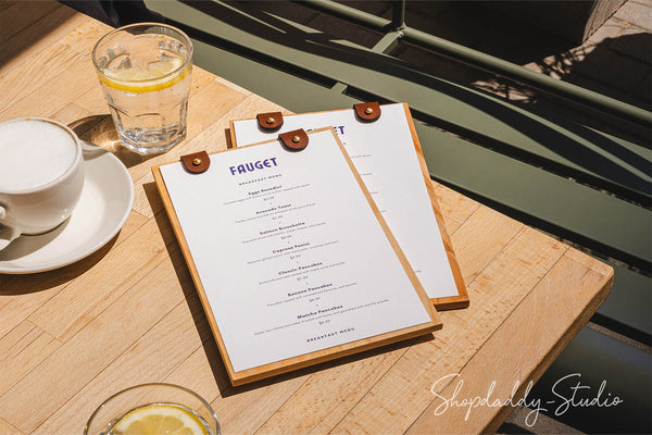 Stylish Wood Menu Holder with Two Leather Clasps