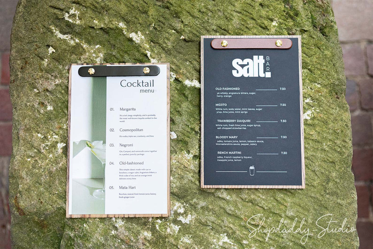 Stylish Wooden Menu Holder With Leather Plank