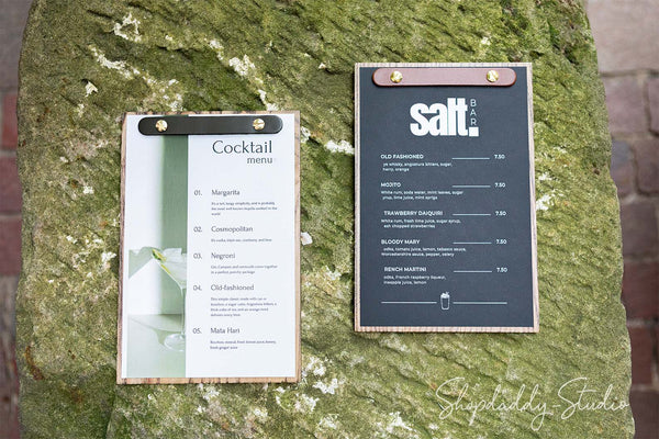 Stylish Wooden Menu Holder With Leather Plank