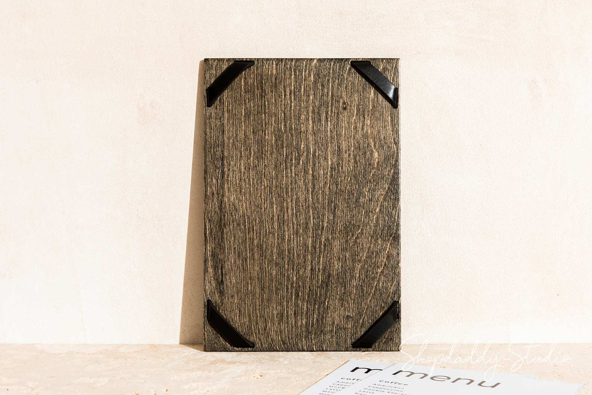 Stylish Wooden Menu Board with Leather Corners