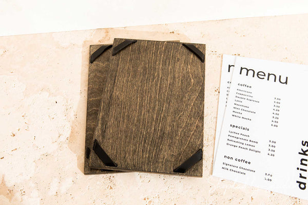 Stylish Wooden Menu Holder with Leather Corners with logo