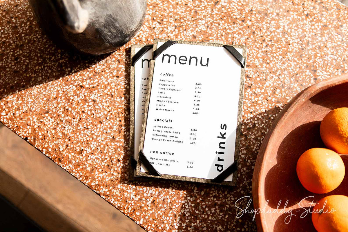 Stylish Wooden Menu Holder with logo