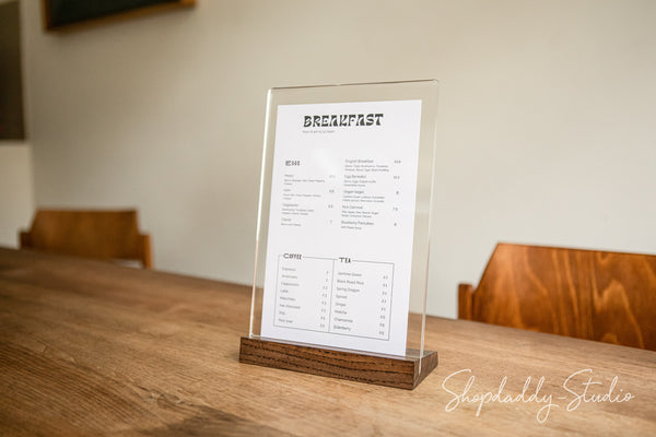 Acrylic Table Stand with Walnut Wooden Inclined Stand with your logo for breakfast menu