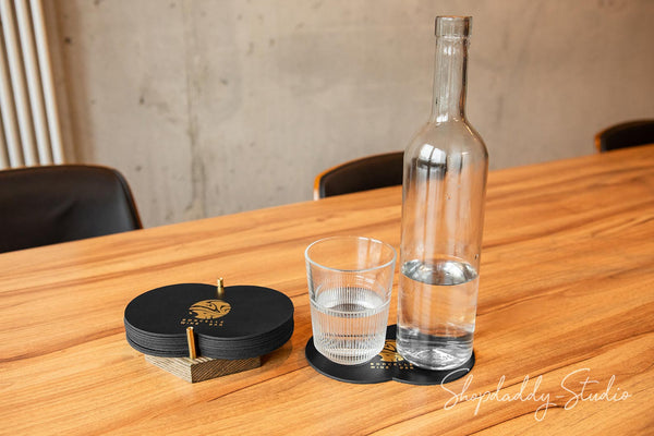 Two Glass Coaster Set on Wooden Holder for beverages