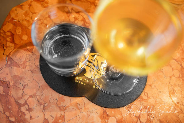Two Glass Coaster Set on Wooden Holder for drinks