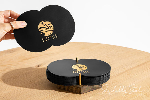 Two Glass Coaster Set on Wooden Holder for restaurant
