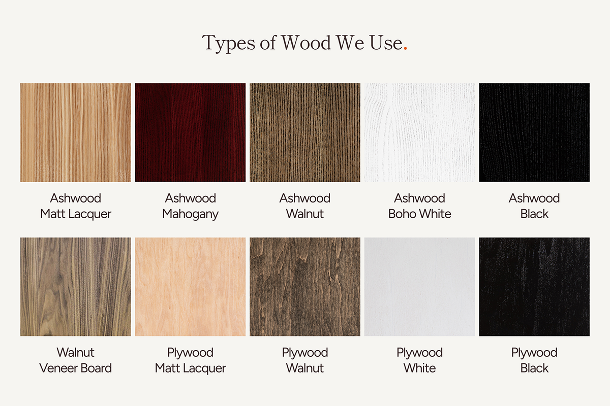 Wooden finish swatches with labels on a white background