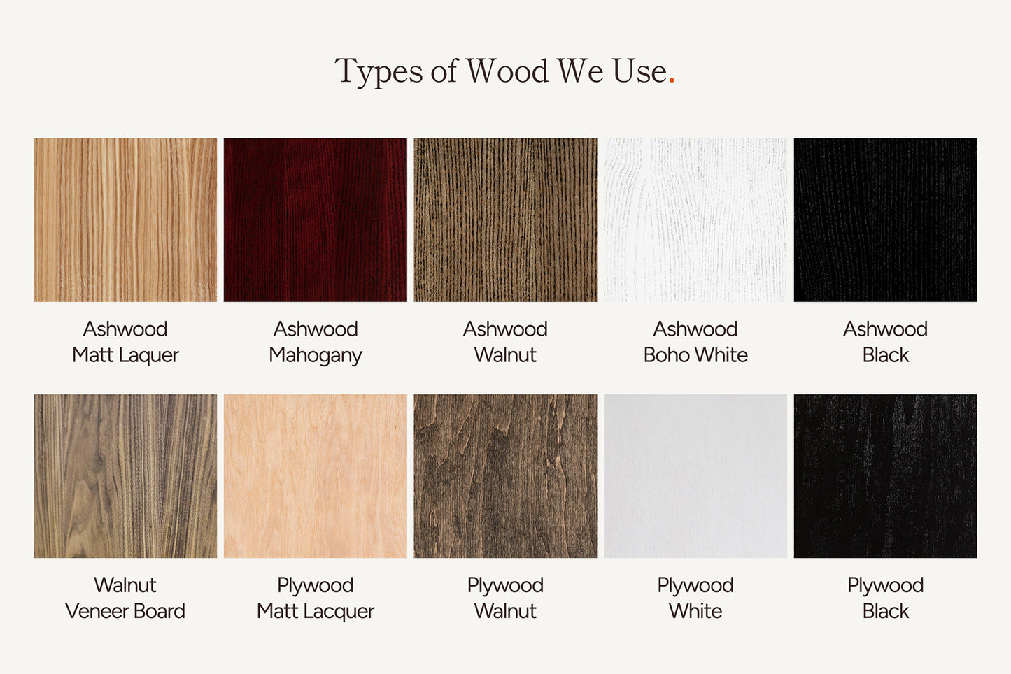 Wooden finish options with labels on a white background