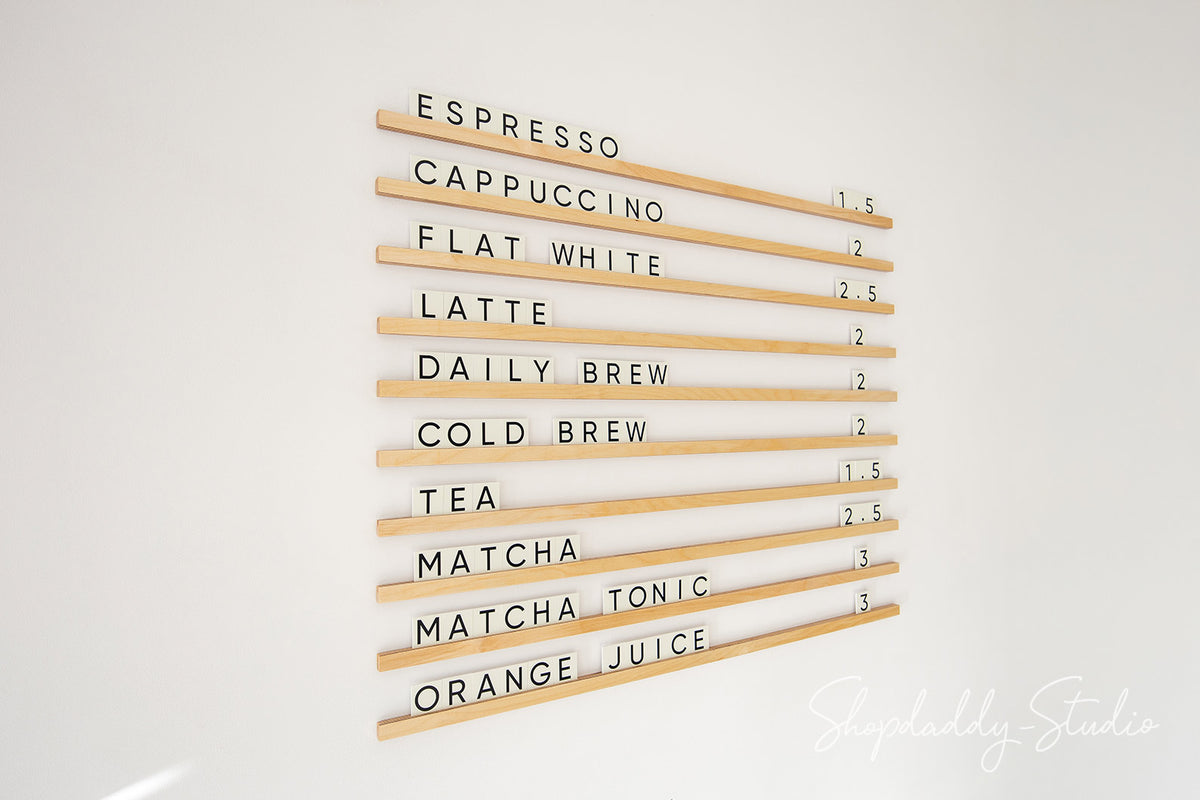 Wall Menu Board With Wooden Rails & Changeable Letters for Menu Display