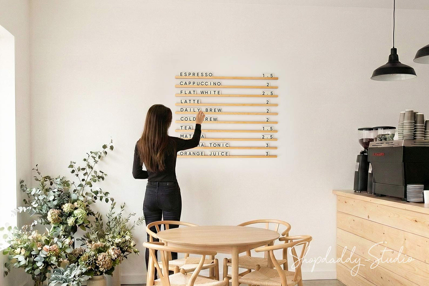 Wall Menu Board With Wooden Rails & Changeable Letters with Custom Logo