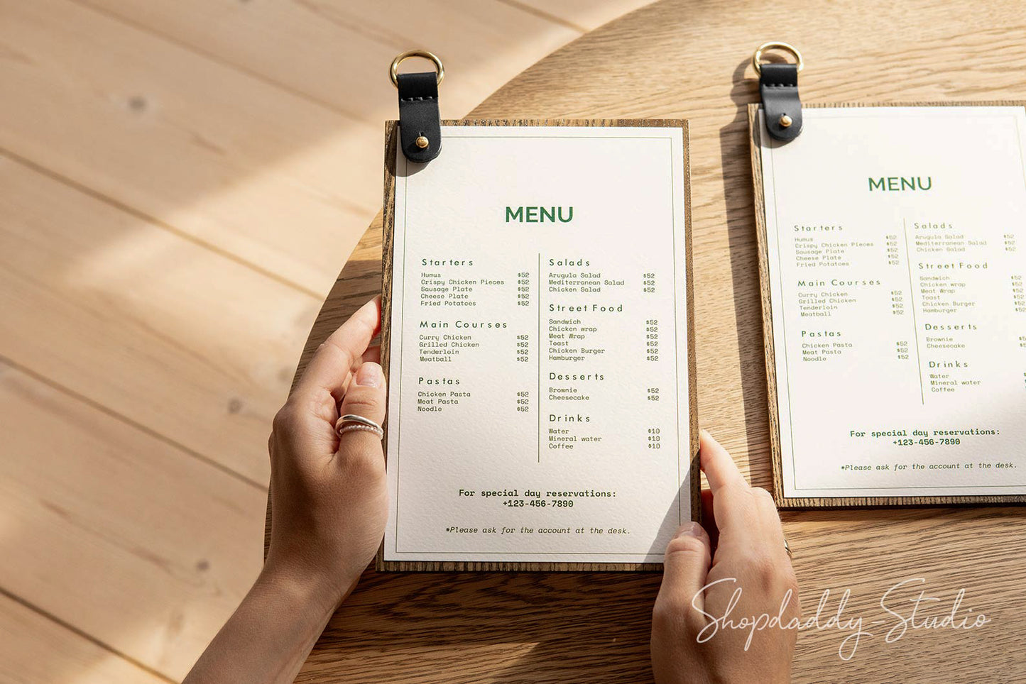 Walnut Ashwood Menu Board With Leather Strap & Metal Ring for bar