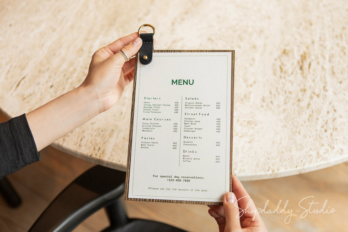 Walnut Ashwood Menu Board With Leather Strap & Metal Ring for cafe