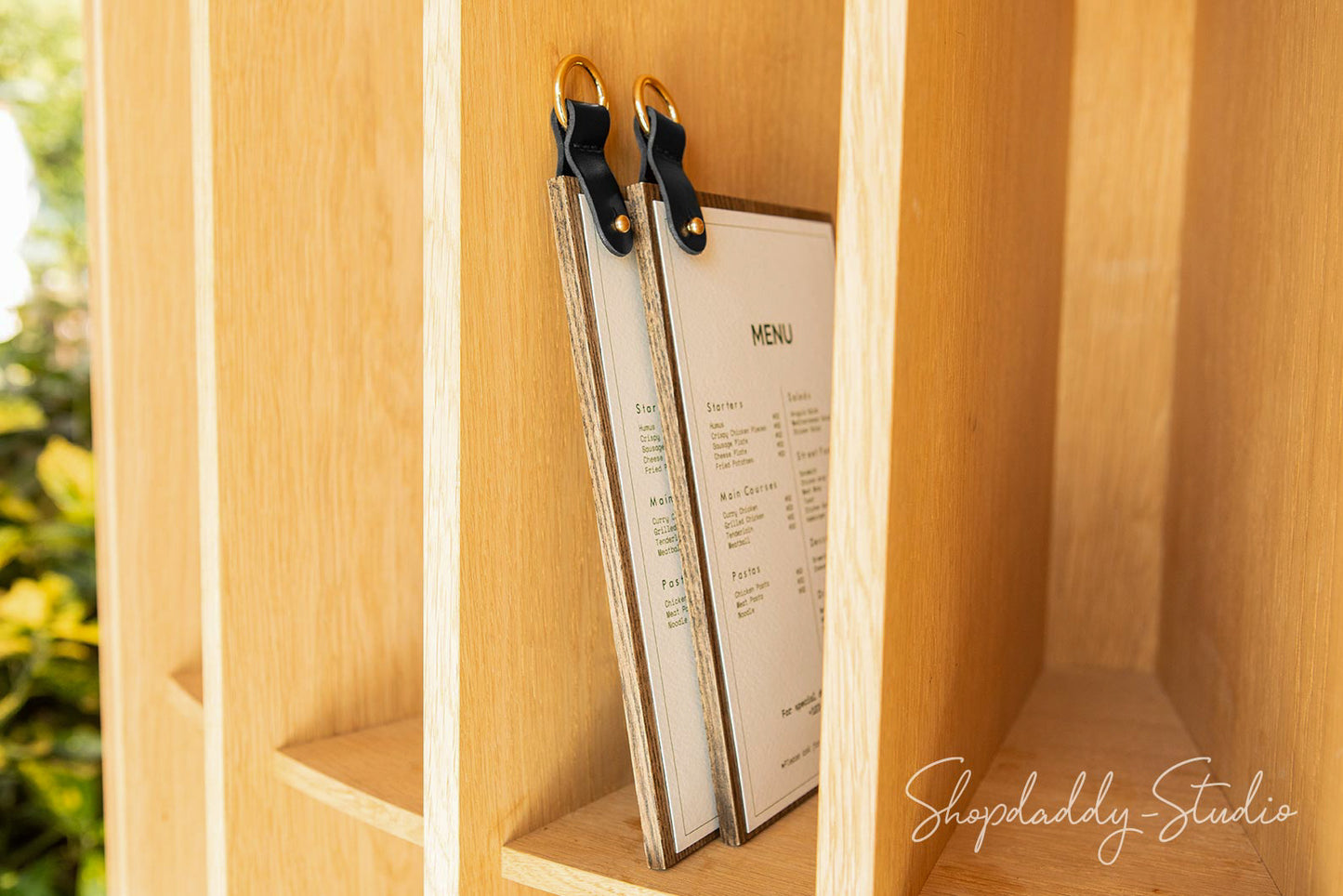 Walnut Ashwood Menu Board With Leather Strap & Metal Ring for restaurant