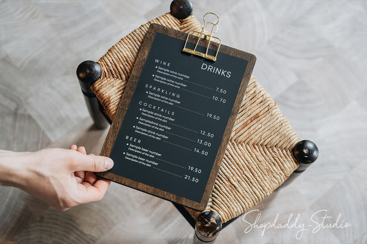 Walnut Menu Board With Golden Binder for cafe