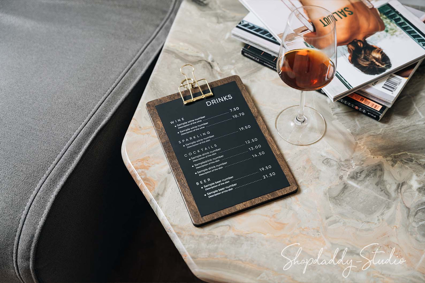 Walnut Menu Board With Golden Binder for drinks