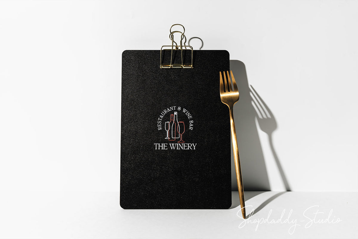 Walnut Menu Board With Golden Binder with logo