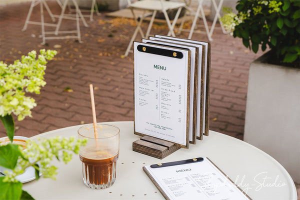 Walnut Menu Holder Set With Base (5 Pcs) for restaurant
