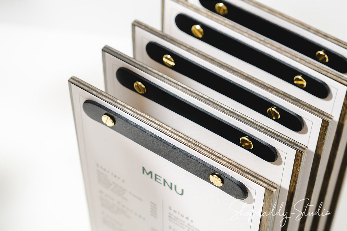 Walnut Menu Holder Set With Base (5 Pcs) with logo