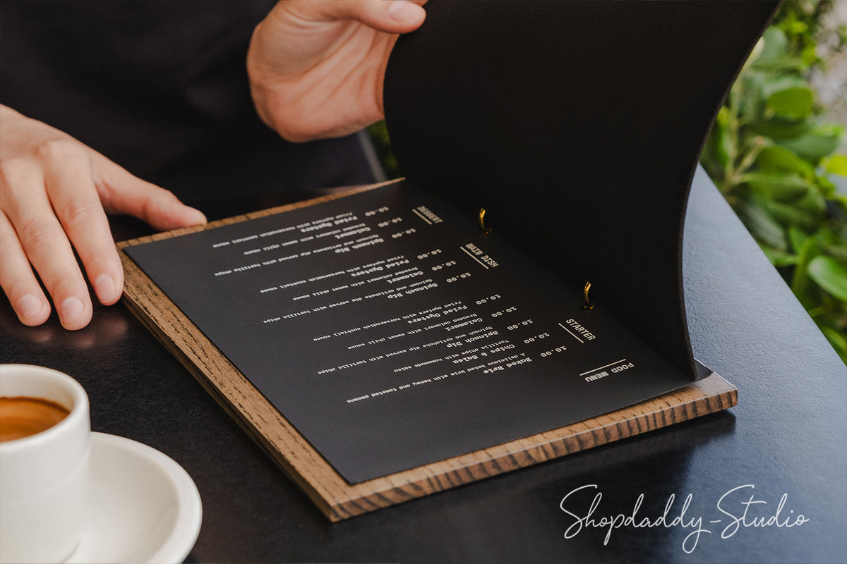 Walnut Menu Holder with Black Leather Cover and Rings Mechanism for Cafes and Bars