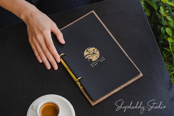 Walnut Menu Holder with Black Leather Cover and Rings Mechanism for Hospitality