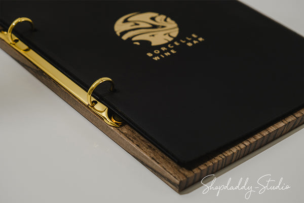 Walnut Menu Holder with Black Leather Cover and Rings Mechanism for Hotels