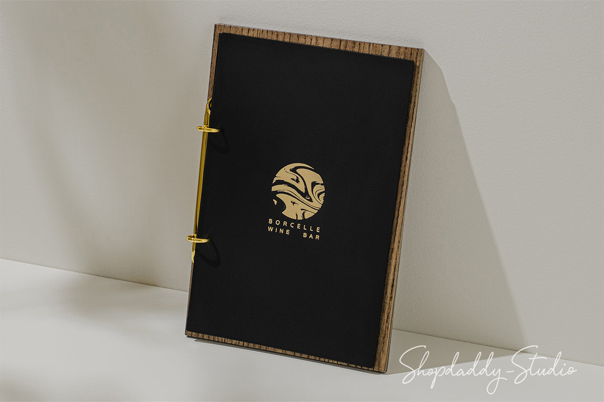 Walnut Menu Holder with Black Leather Cover and Rings Mechanism for Menu Presentation