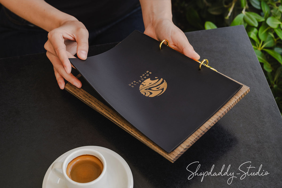 Walnut Menu Holder with Black Leather Cover and Rings Mechanism for Restaurants