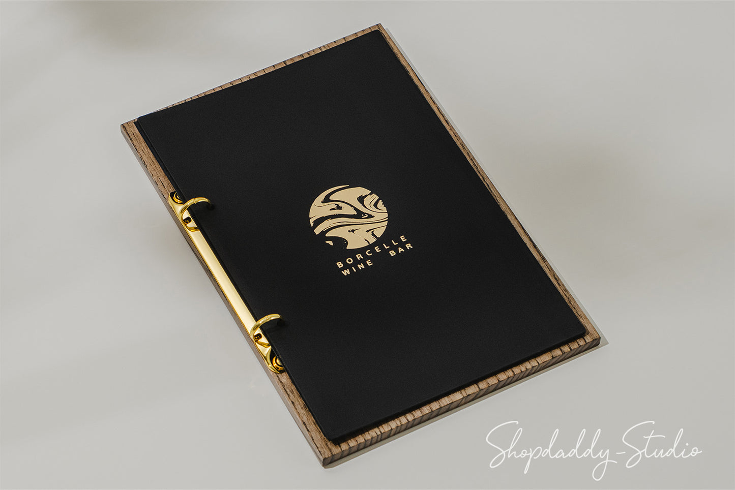 Walnut Menu Holder with Black Leather Cover and Rings Mechanism with Custom Logo