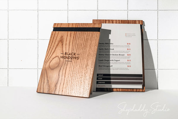 Walnut Menu Holder with Elastic Band for restaurant