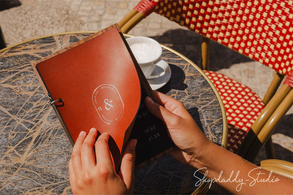 Walnut Menu Holder with Leather Cover and Rings Mechanism for cafe