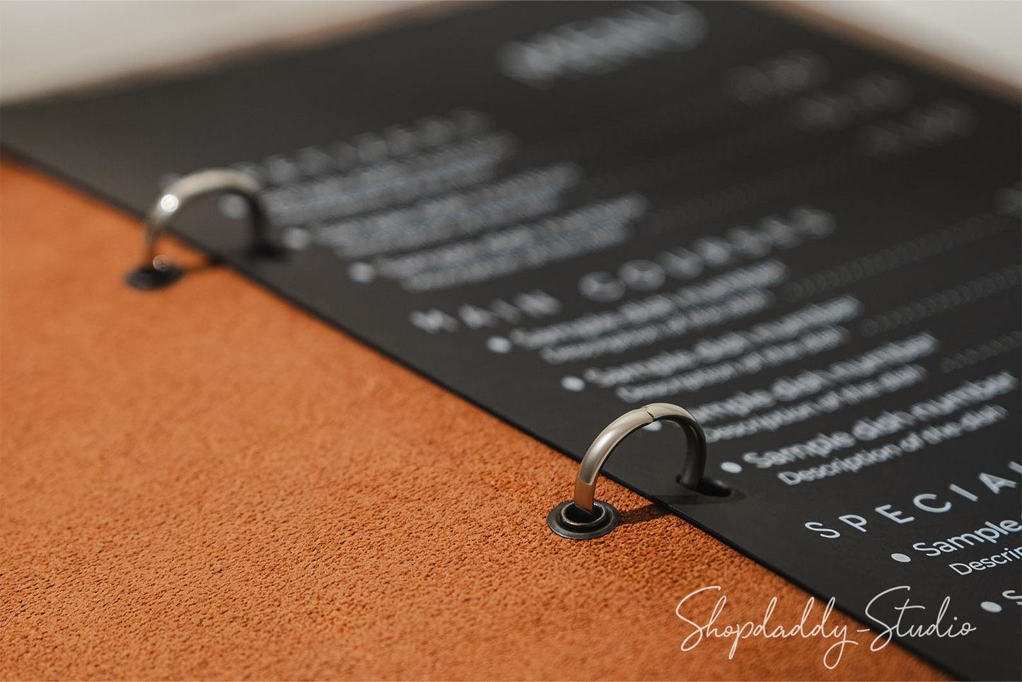 Walnut Menu Holder with Leather Cover and Rings Mechanism in details