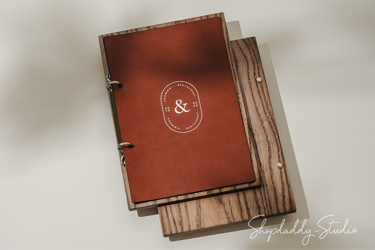 Walnut Menu Holder with Leather Cover and Rings Mechanism in details 2