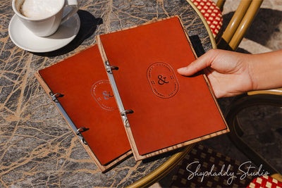 Walnut Menu Holder with Leather Cover and Rings Mechanism with logo