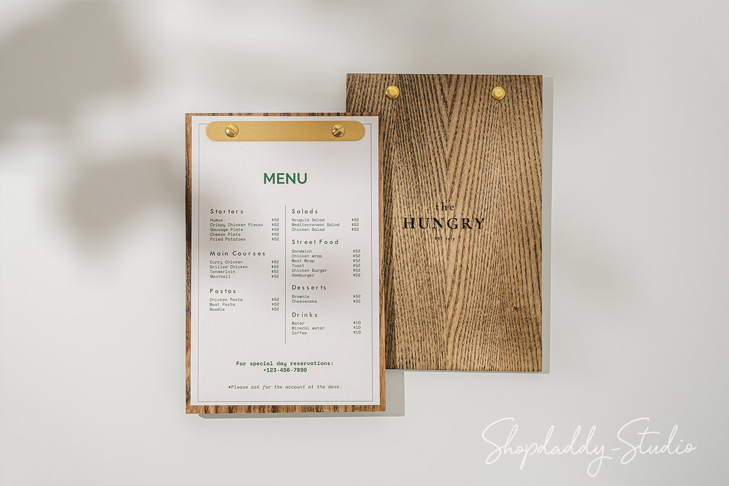 Walnut Menu Holder with Rounded Brass Plank for cocktail menu