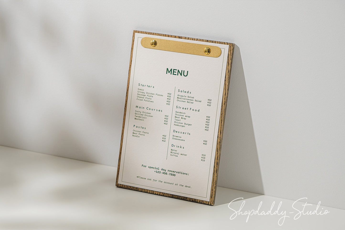 Walnut Menu Holder with Rounded Brass Plank for drink menu