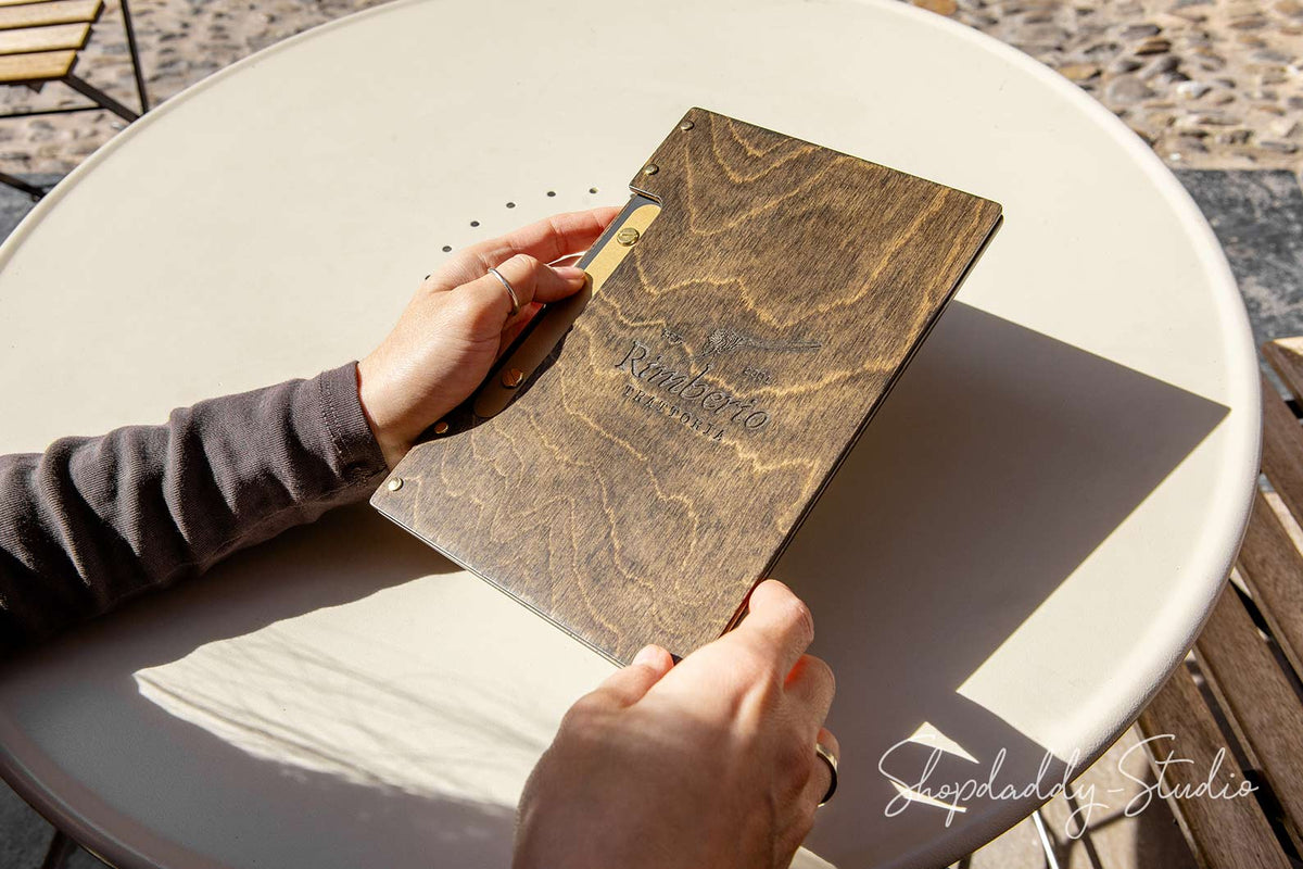 Walnut Wooden Album / Menu Board with Brass Plank for restaurant