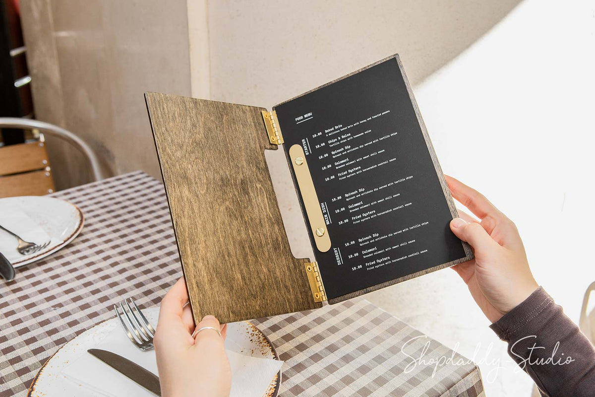 Walnut Wooden Album / Menu Holder with Brass Plank for restaurant